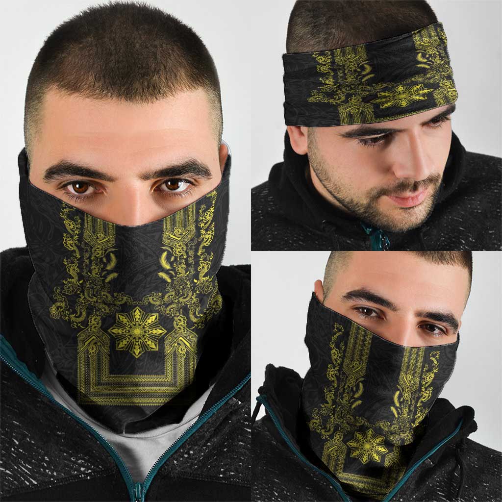 Philippines Barong Style Neck Gaiter with Polynesian Art and Leaf Motif Black-Gold Color