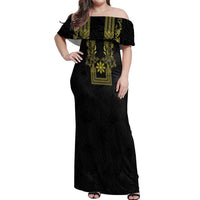 Philippines Barong Style Off Shoulder Maxi Dress with Polynesian Art and Leaf Motif Black-Gold Color LT03 Women Black - Polynesian Pride