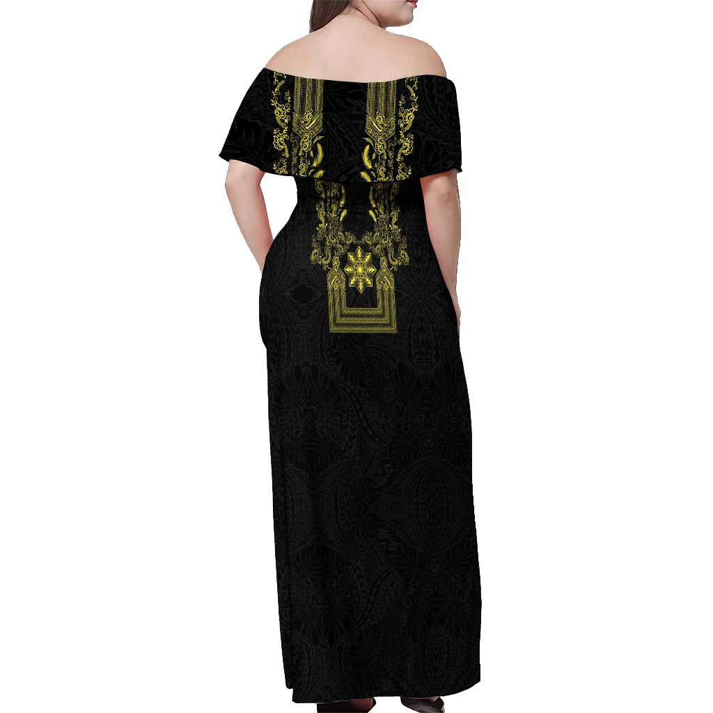 Philippines Barong Style Off Shoulder Maxi Dress with Polynesian Art and Leaf Motif Black-Gold Color LT03 - Polynesian Pride
