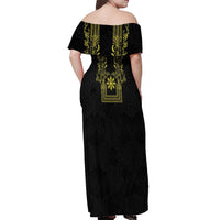 Philippines Barong Style Off Shoulder Maxi Dress with Polynesian Art and Leaf Motif Black-Gold Color LT03 - Polynesian Pride