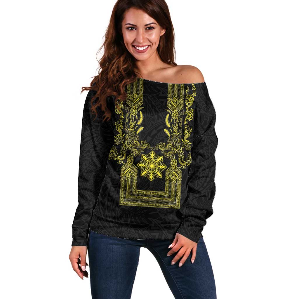 Philippines Barong Style Off Shoulder Sweater with Polynesian Art and Leaf Motif Black-Gold Color LT03 Women Black - Polynesian Pride