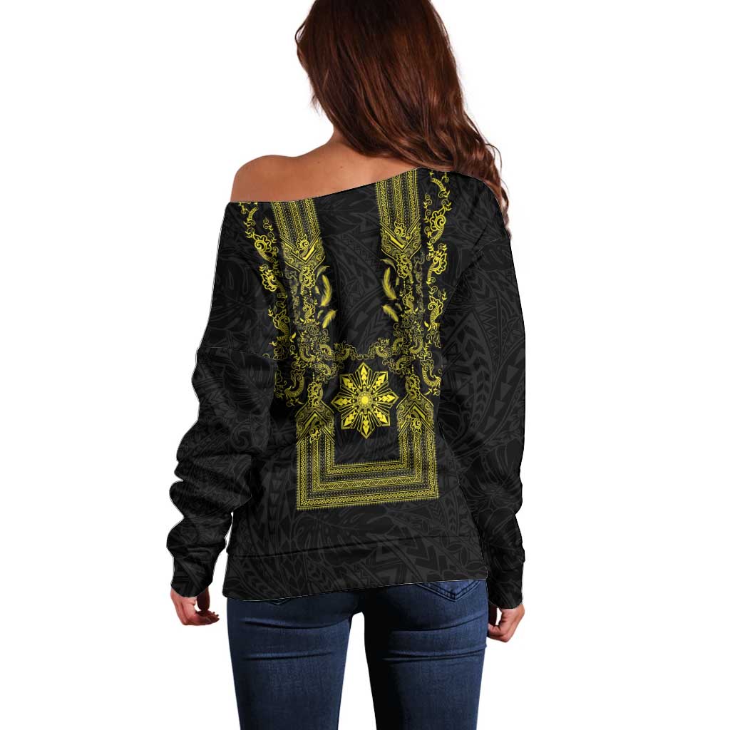 Philippines Barong Style Off Shoulder Sweater with Polynesian Art and Leaf Motif Black-Gold Color LT03 - Polynesian Pride