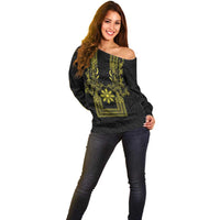 Philippines Barong Style Off Shoulder Sweater with Polynesian Art and Leaf Motif Black-Gold Color LT03 - Polynesian Pride