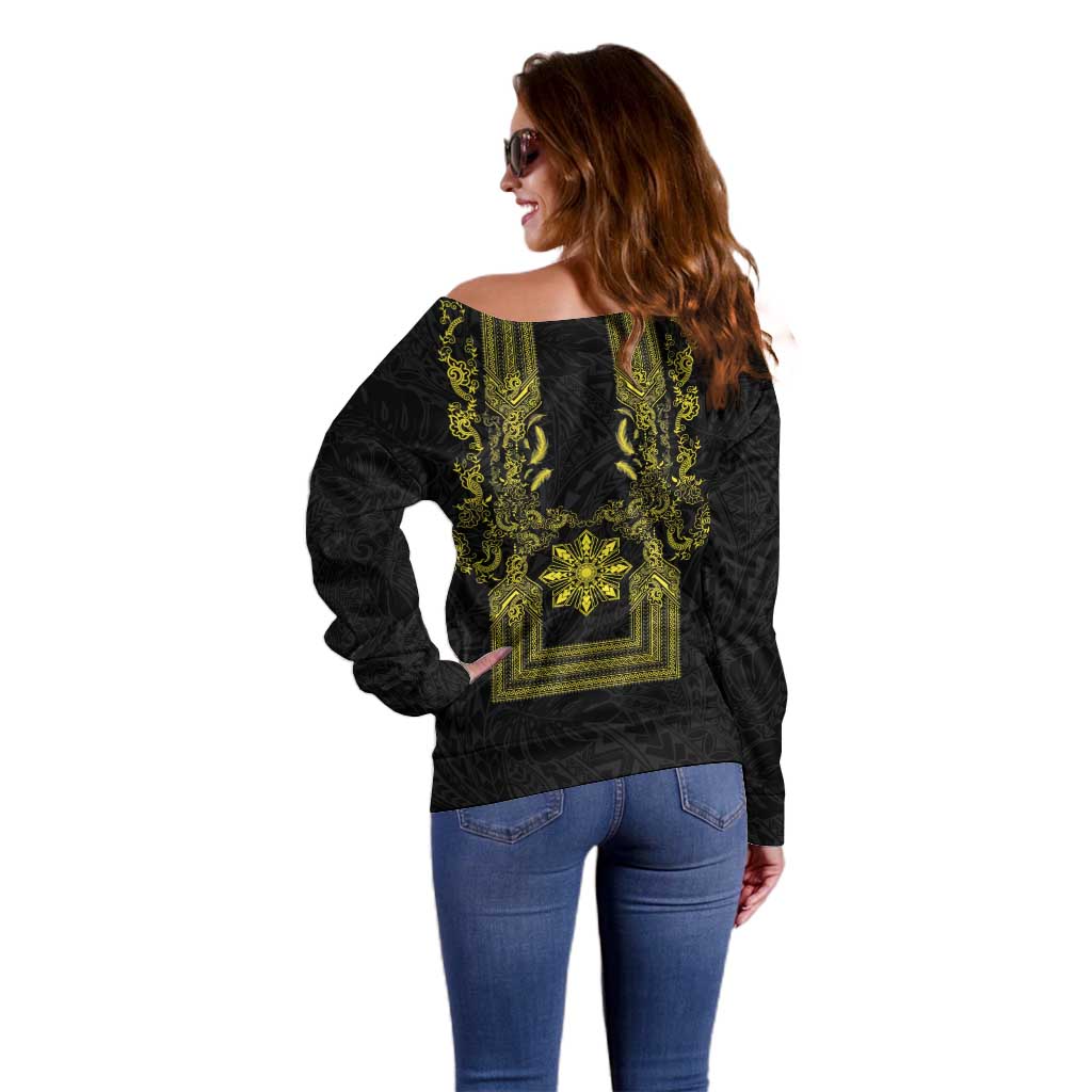 Philippines Barong Style Off Shoulder Sweater with Polynesian Art and Leaf Motif Black-Gold Color LT03 - Polynesian Pride
