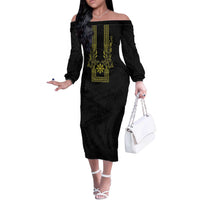 Philippines Barong Style Off The Shoulder Long Sleeve Dress with Polynesian Art and Leaf Motif Black-Gold Color LT03 Women Black - Polynesian Pride