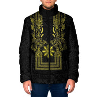 Philippines Barong Style Padded Jacket with Polynesian Art and Leaf Motif Black-Gold Color