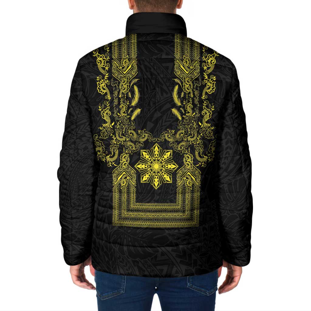 Philippines Barong Style Padded Jacket with Polynesian Art and Leaf Motif Black-Gold Color