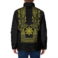 Philippines Barong Style Padded Jacket with Polynesian Art and Leaf Motif Black-Gold Color