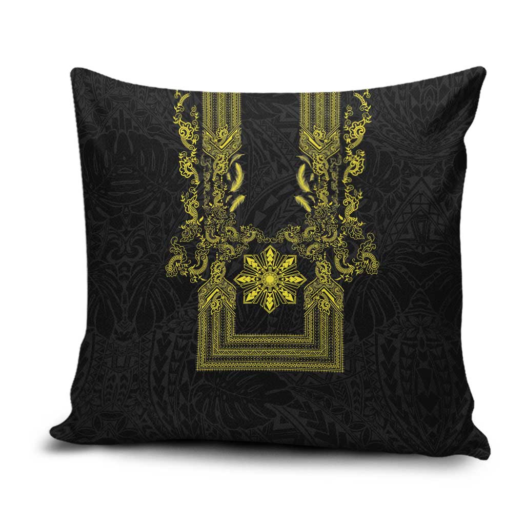 Philippines Barong Style Pillow Cover with Polynesian Art and Leaf Motif Black-Gold Color