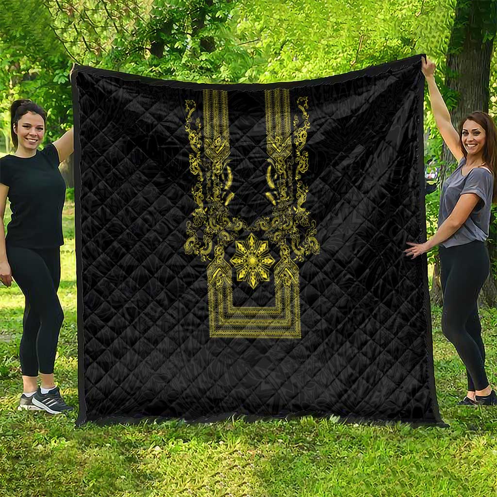 Philippines Barong Style Quilt with Polynesian Art and Leaf Motif Black-Gold Color