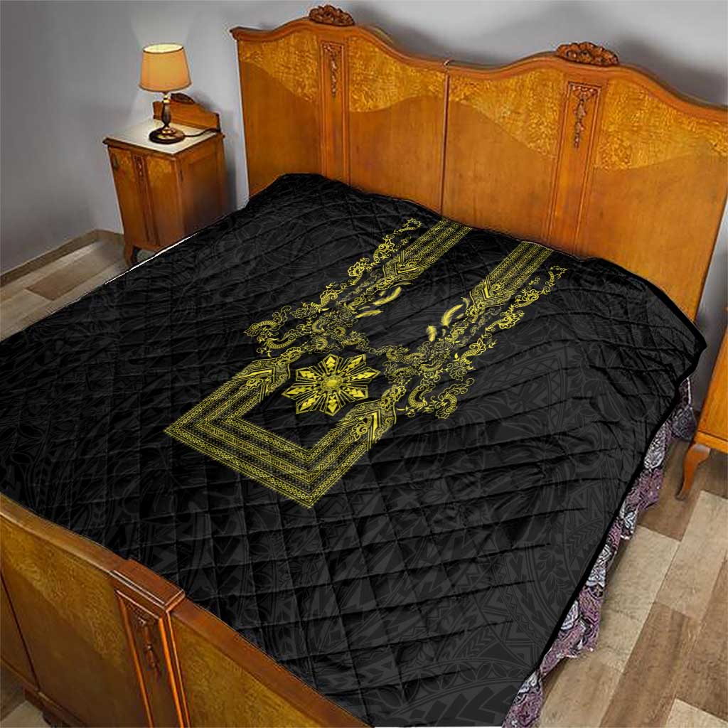 Philippines Barong Style Quilt with Polynesian Art and Leaf Motif Black-Gold Color