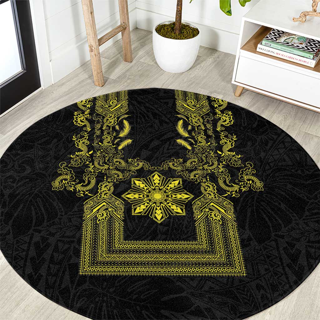 Philippines Barong Style Round Carpet with Polynesian Art and Leaf Motif Black-Gold Color