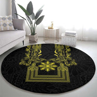 Philippines Barong Style Round Carpet with Polynesian Art and Leaf Motif Black-Gold Color