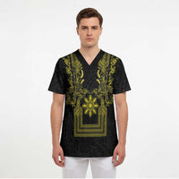 Philippines Barong Style Scrub Top with Polynesian Art and Leaf Motif Black-Gold Color