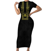 Philippines Barong Style Short Sleeve Bodycon Dress with Polynesian Art and Leaf Motif Black-Gold Color