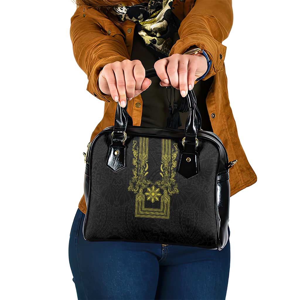 Philippines Barong Style Shoulder Handbag with Polynesian Art and Leaf Motif Black-Gold Color