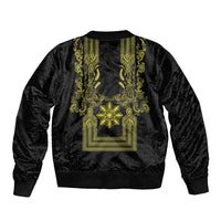 Philippines Barong Style Sleeve Zip Bomber Jacket with Polynesian Art and Leaf Motif Black-Gold Color