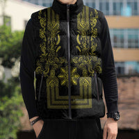 Philippines Barong Style Sleeveless Puffer Jacket with Polynesian Art and Leaf Motif Black-Gold Color LT03 - Polynesian Pride