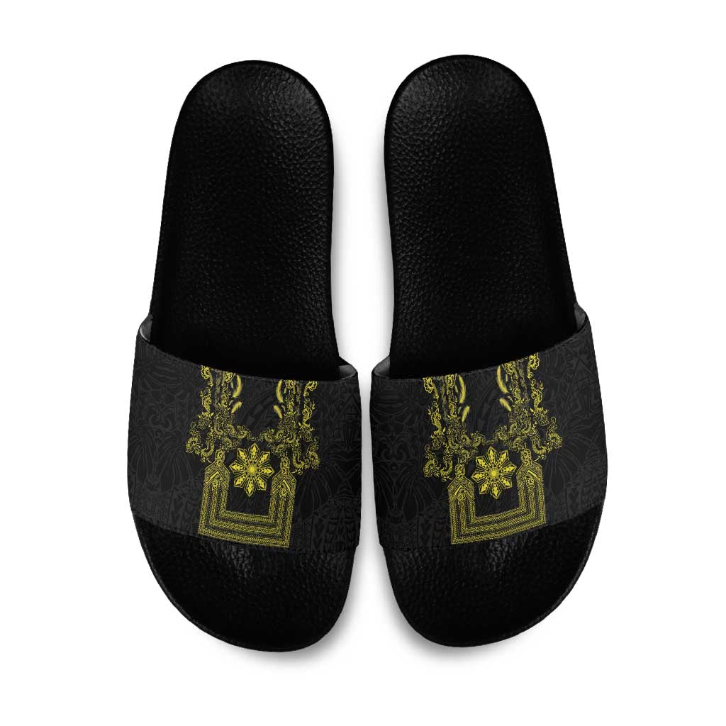 Philippines Barong Style Slide Sandals with Polynesian Art and Leaf Motif Black-Gold Color