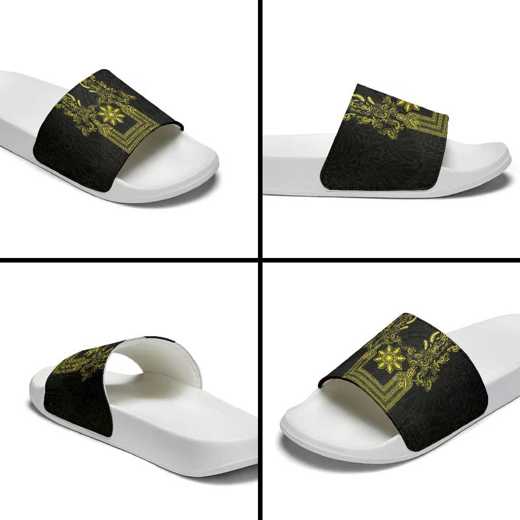 Philippines Barong Style Slide Sandals with Polynesian Art and Leaf Motif Black-Gold Color