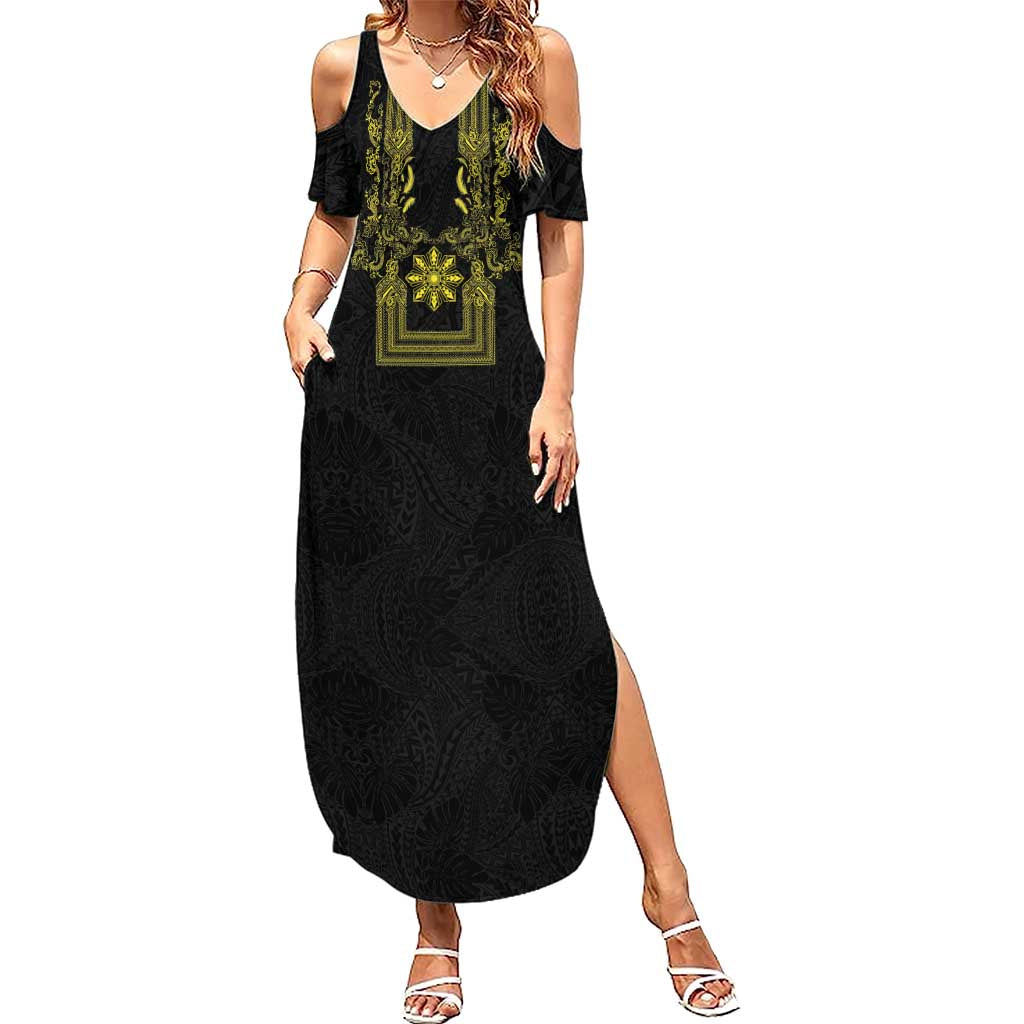 Philippines Barong Style Summer Maxi Dress with Polynesian Art and Leaf Motif Black-Gold Color