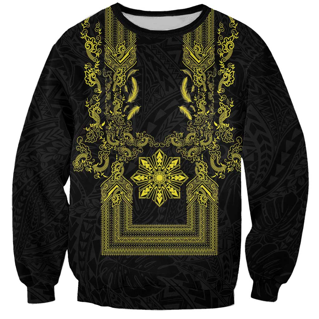 Philippines Barong Style Sweatshirt with Polynesian Art and Leaf Motif Black-Gold Color LT03 Unisex Black - Polynesian Pride
