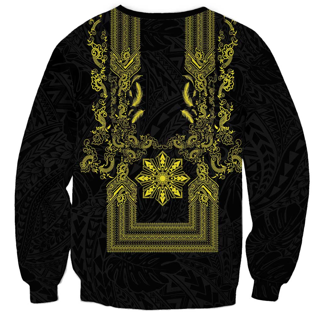 Philippines Barong Style Sweatshirt with Polynesian Art and Leaf Motif Black-Gold Color LT03 - Polynesian Pride