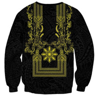 Philippines Barong Style Sweatshirt with Polynesian Art and Leaf Motif Black-Gold Color LT03 - Polynesian Pride