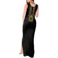 Philippines Barong Style Tank Maxi Dress with Polynesian Art and Leaf Motif Black-Gold Color