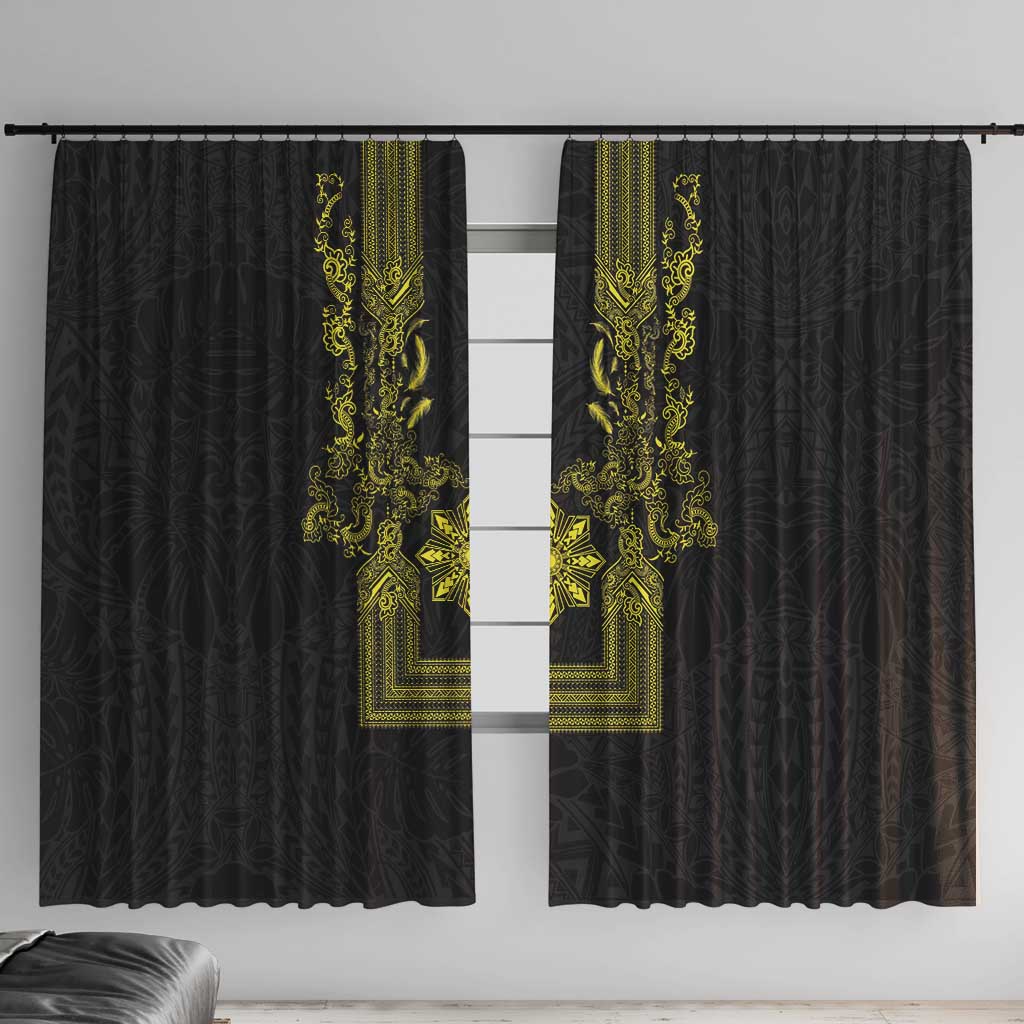 Philippines Barong Style Window Curtain with Polynesian Art and Leaf Motif Black-Gold Color LT03 With Hooks Black - Polynesian Pride