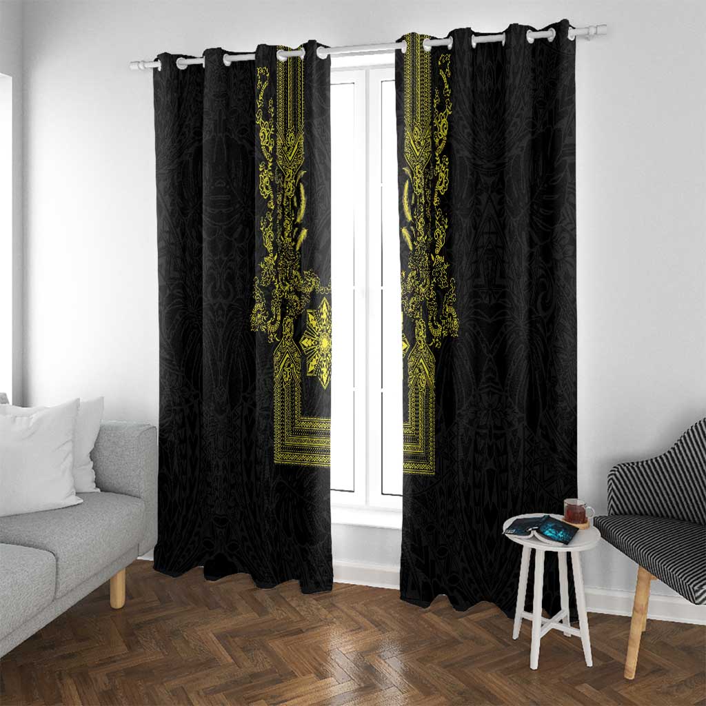 Philippines Barong Style Window Curtain with Polynesian Art and Leaf Motif Black-Gold Color LT03 With Grommets Black - Polynesian Pride