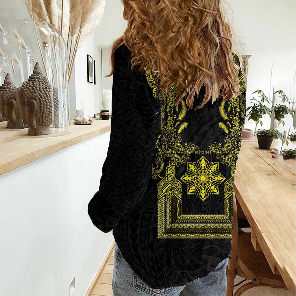 Philippines Barong Style Women Casual Shirt with Polynesian Art and Leaf Motif Black-Gold Color LT03 - Polynesian Pride