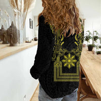 Philippines Barong Style Women Casual Shirt with Polynesian Art and Leaf Motif Black-Gold Color LT03 - Polynesian Pride