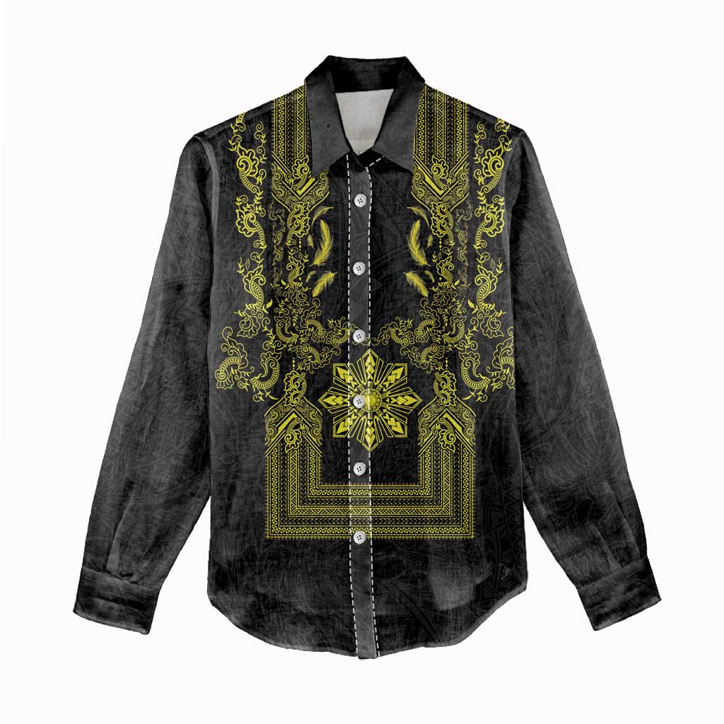 Philippines Barong Style Women Casual Shirt with Polynesian Art and Leaf Motif Black-Gold Color LT03 - Polynesian Pride