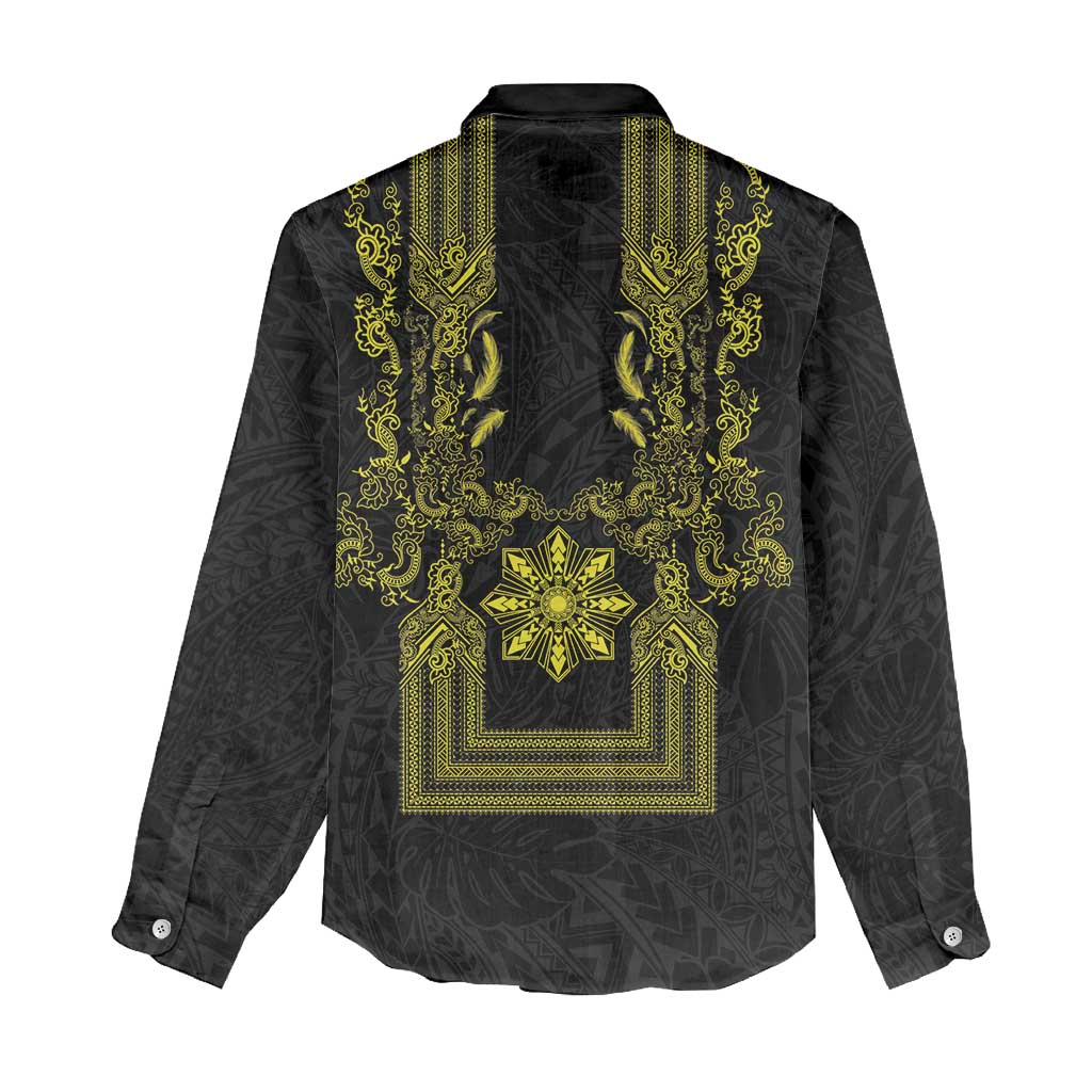 Philippines Barong Style Women Casual Shirt with Polynesian Art and Leaf Motif Black-Gold Color LT03 - Polynesian Pride