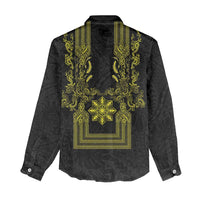 Philippines Barong Style Women Casual Shirt with Polynesian Art and Leaf Motif Black-Gold Color LT03 - Polynesian Pride