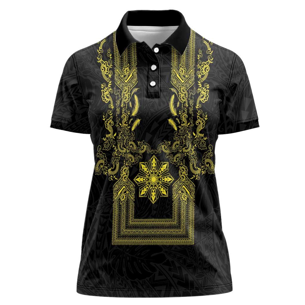 Philippines Barong Style Women Polo Shirt with Polynesian Art and Leaf Motif Black-Gold Color