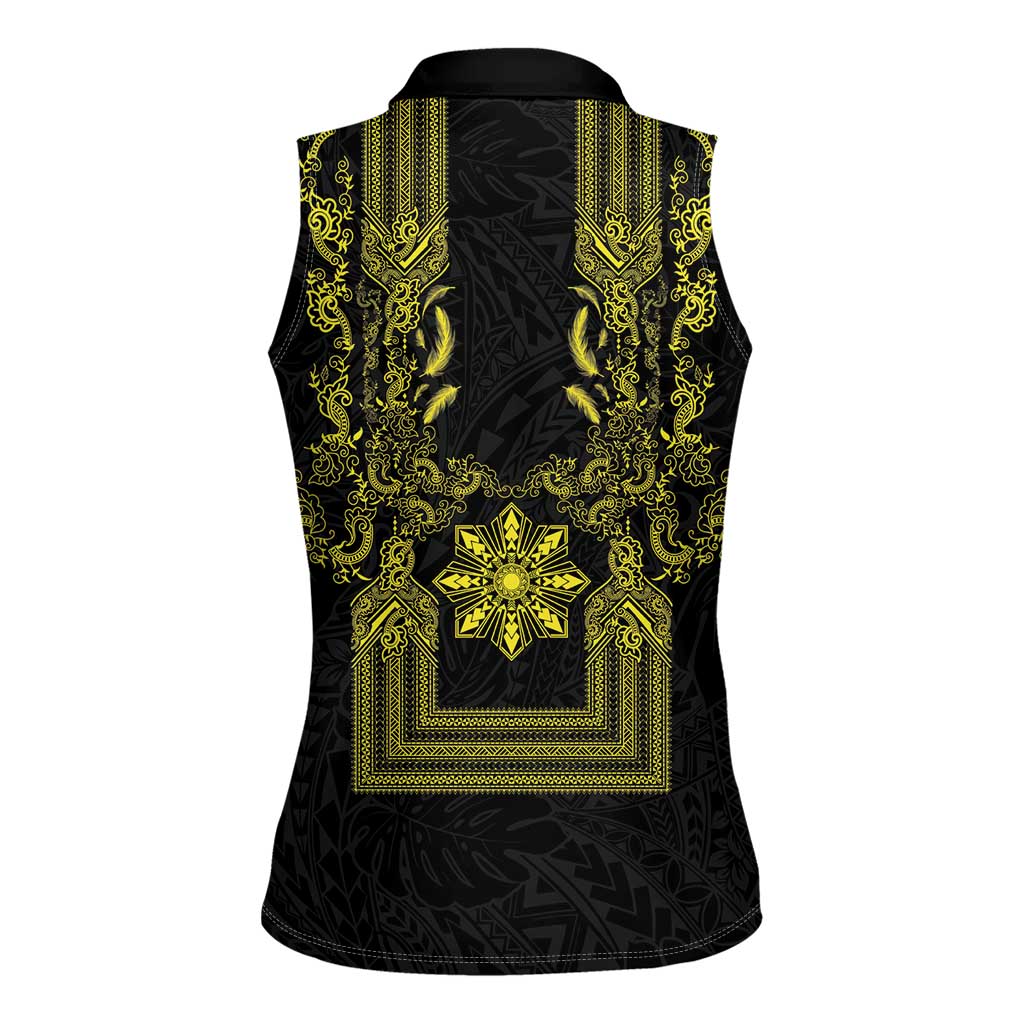 Philippines Barong Style Women Sleeveless Polo Shirt with Polynesian Art and Leaf Motif Black-Gold Color