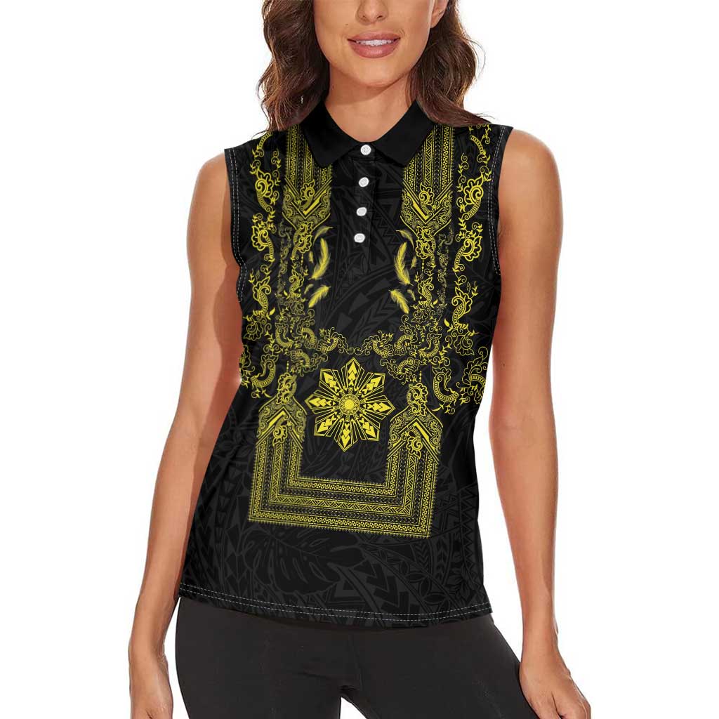 Philippines Barong Style Women Sleeveless Polo Shirt with Polynesian Art and Leaf Motif Black-Gold Color