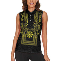 Philippines Barong Style Women Sleeveless Polo Shirt with Polynesian Art and Leaf Motif Black-Gold Color