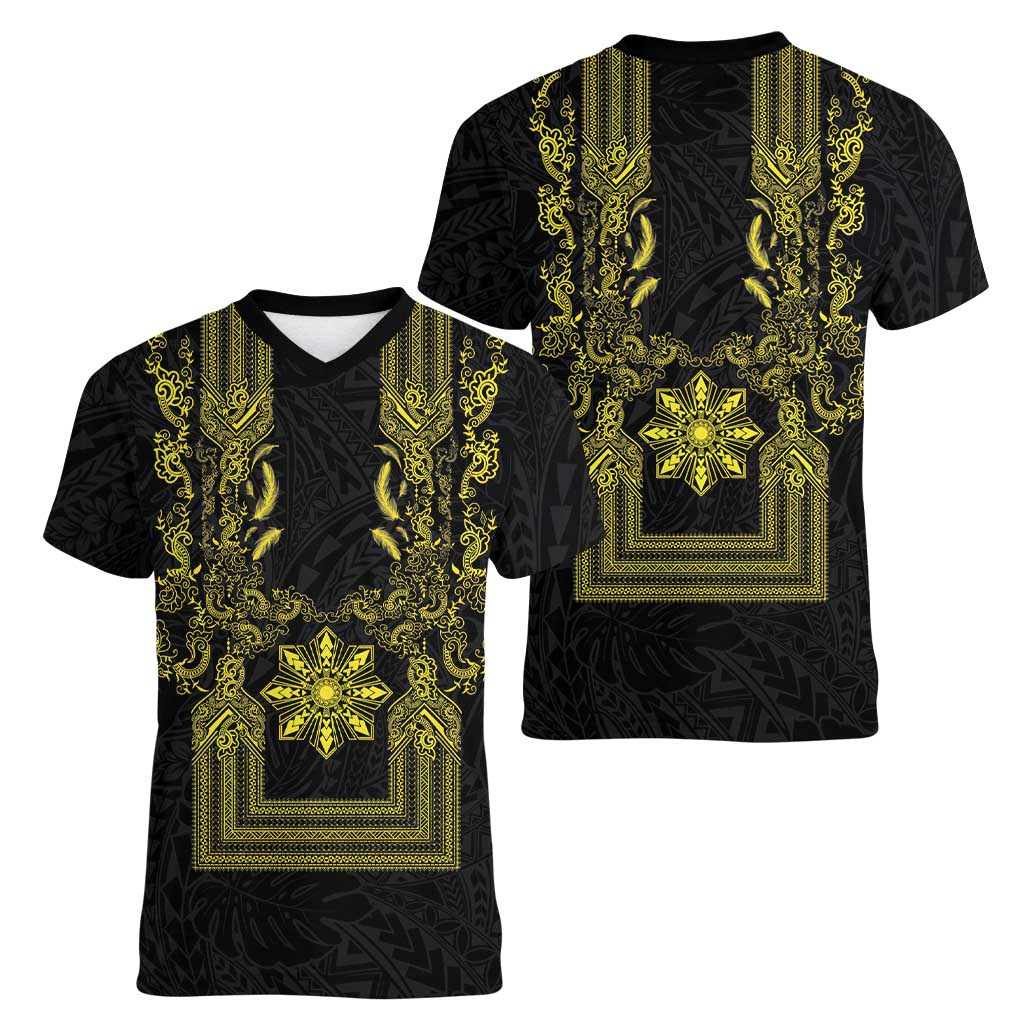 Philippines Barong Style Women V-Neck T-Shirt with Polynesian Art and Leaf Motif Black-Gold Color