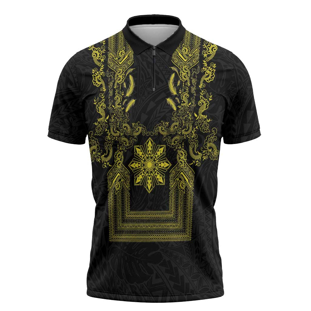 Philippines Barong Style Zipper Polo Shirt with Polynesian Art and Leaf Motif Black-Gold Color