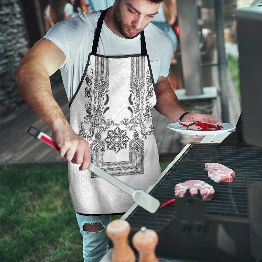 Philippines Barong Style Apron with Polynesian Art and Leaf Motif Black-White Color