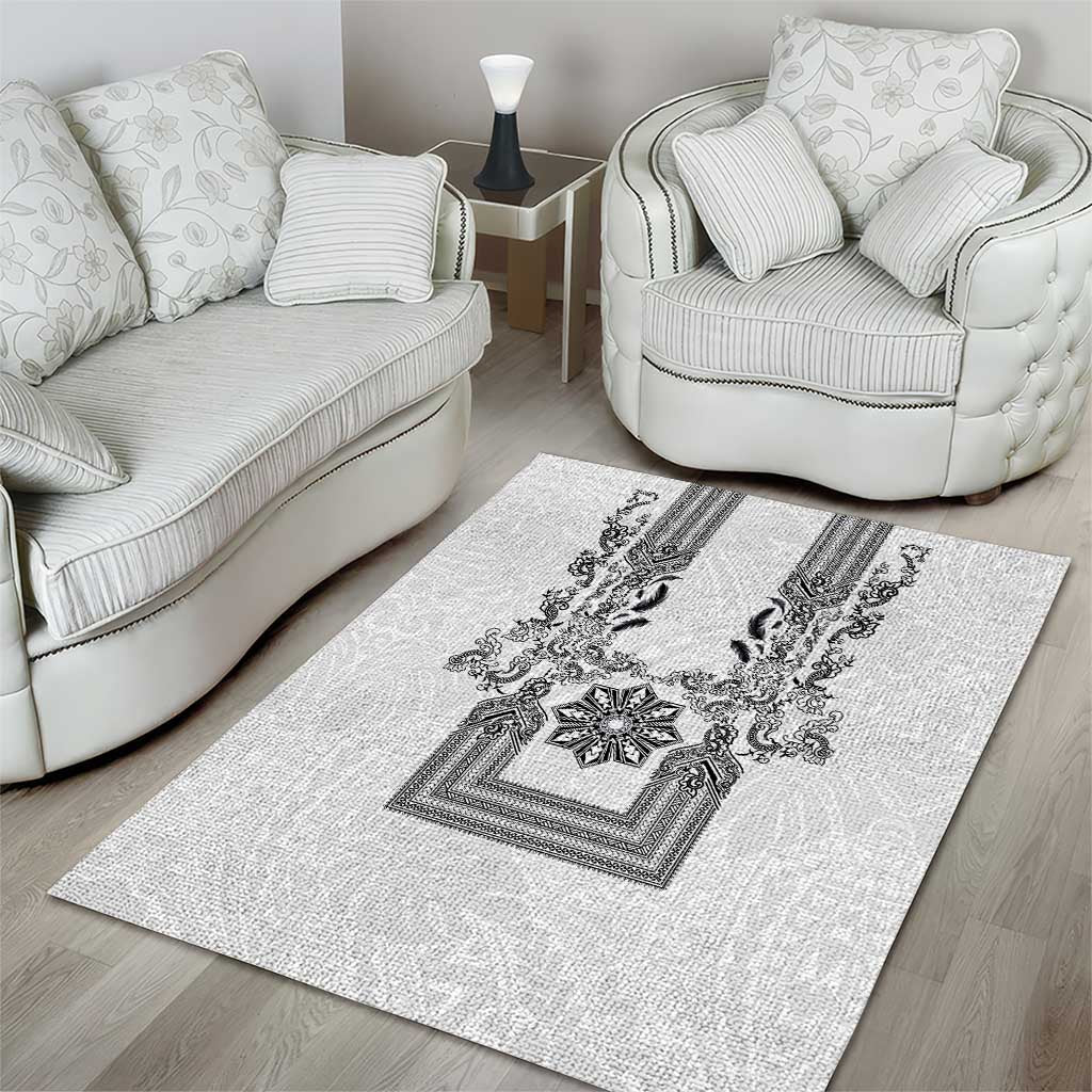Philippines Barong Style Area Rug with Polynesian Art and Leaf Motif Black-White Color