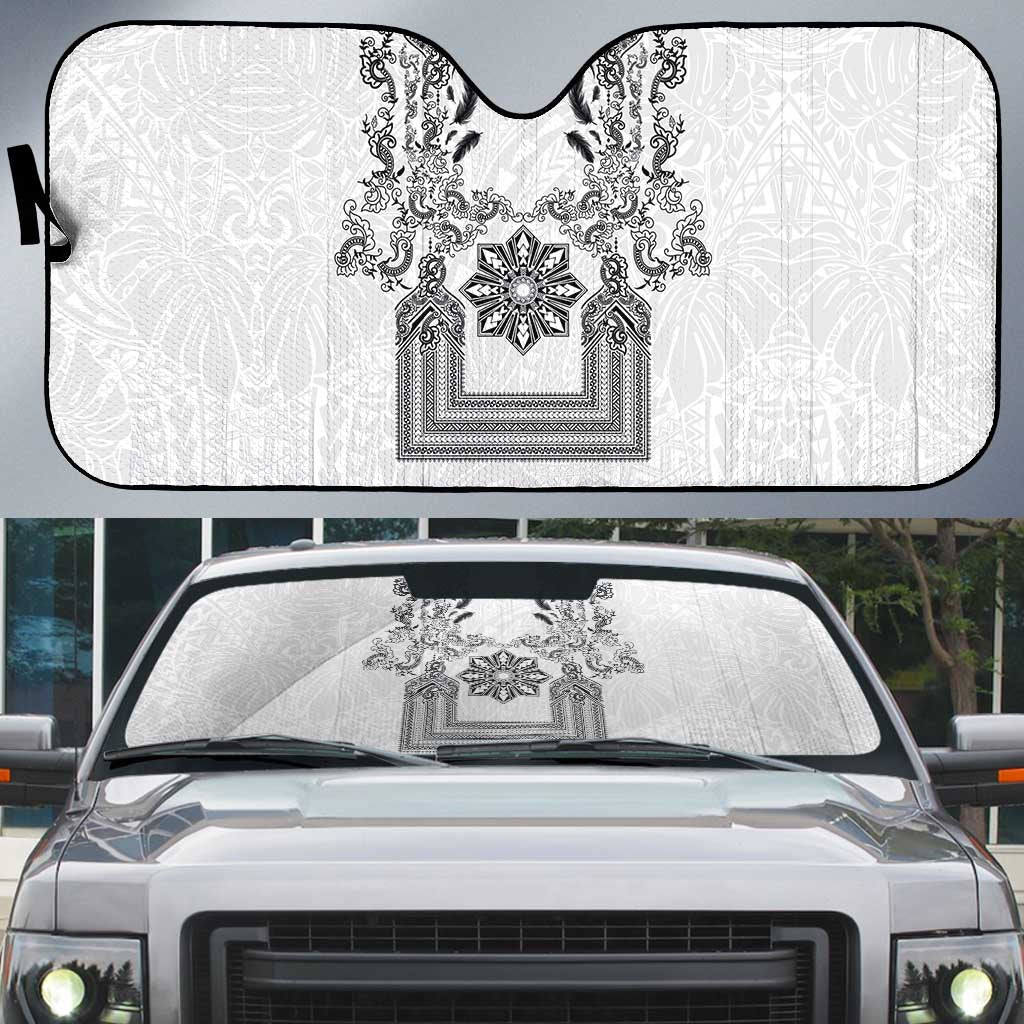 Philippines Barong Style Auto Sun Shade with Polynesian Art and Leaf Motif Black-White Color LT03 White - Polynesian Pride