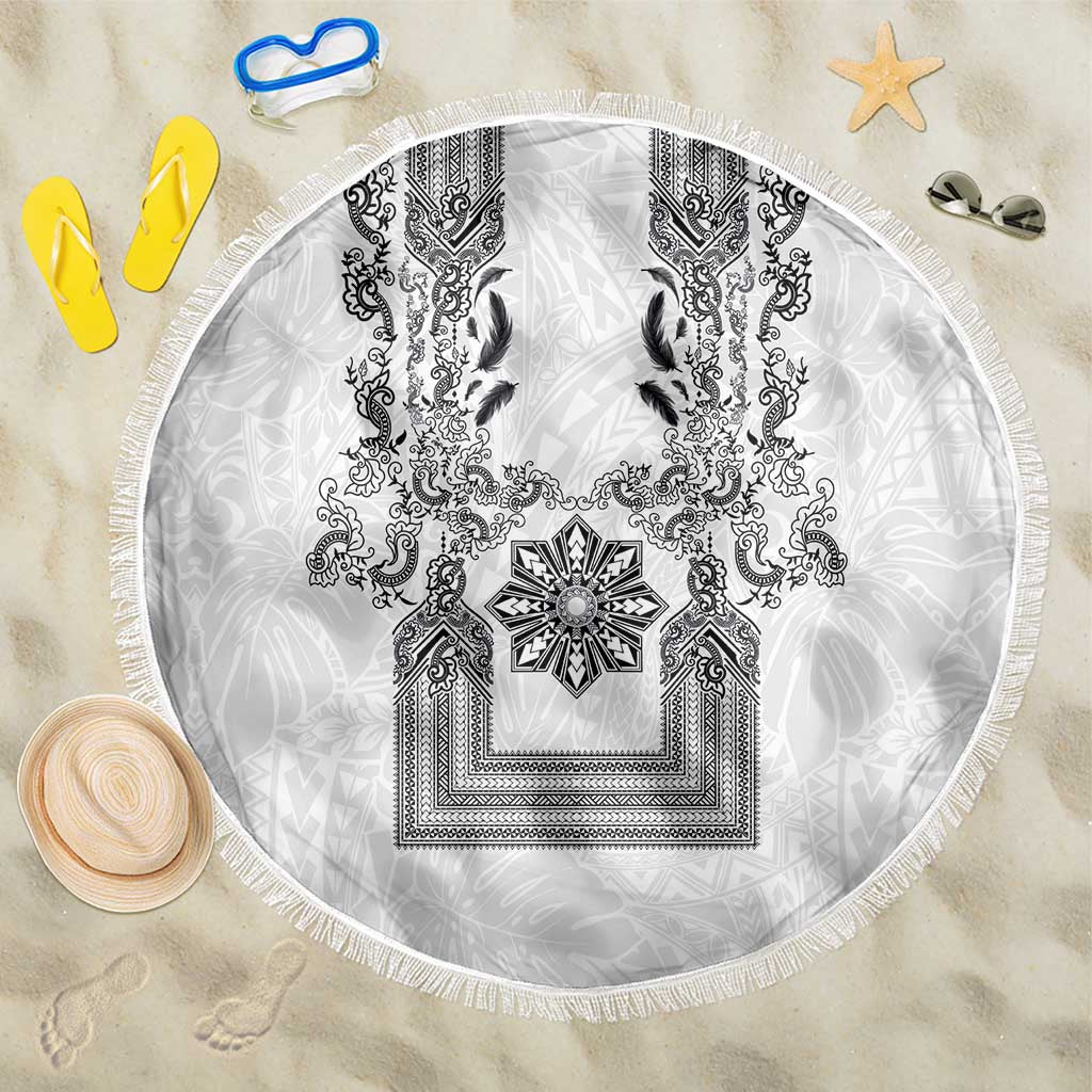 Philippines Barong Style Beach Blanket with Polynesian Art and Leaf Motif Black-White Color LT03 One Size 150cm White - Polynesian Pride