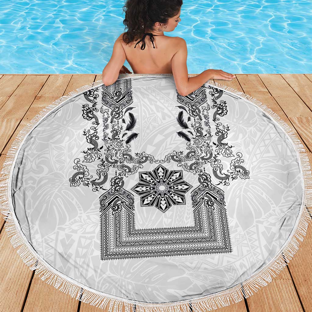 Philippines Barong Style Beach Blanket with Polynesian Art and Leaf Motif Black-White Color LT03 - Polynesian Pride