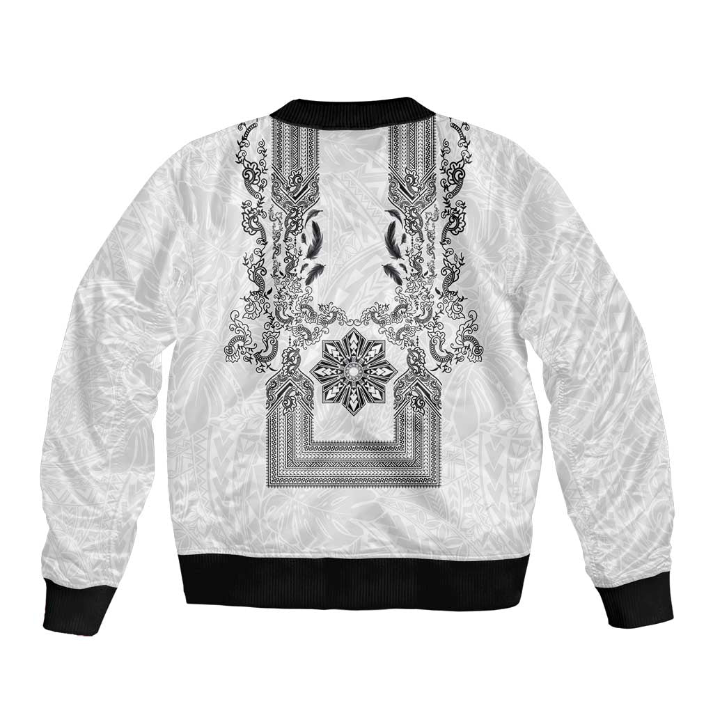 Philippines Barong Style Bomber Jacket with Polynesian Art and Leaf Motif Black-White Color