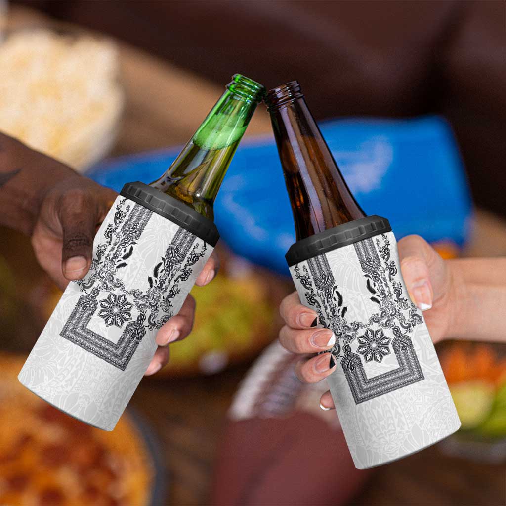 Philippines Barong Style 4 in 1 Can Cooler Tumbler with Polynesian Art and Leaf Motif Black-White Color