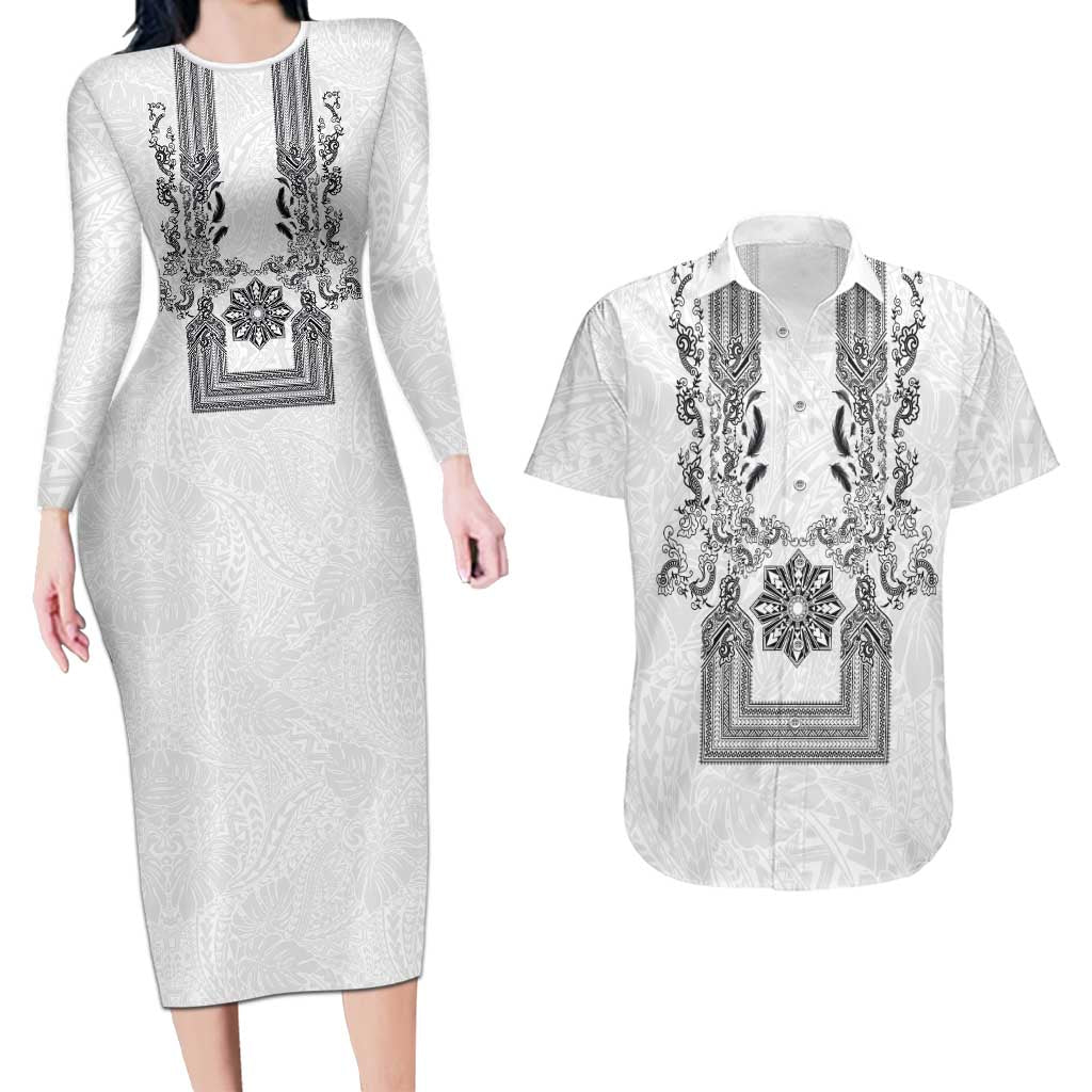 Philippines Barong Style Couples Matching Long Sleeve Bodycon Dress and Hawaiian Shirt with Polynesian Art and Leaf Motif Black-White Color